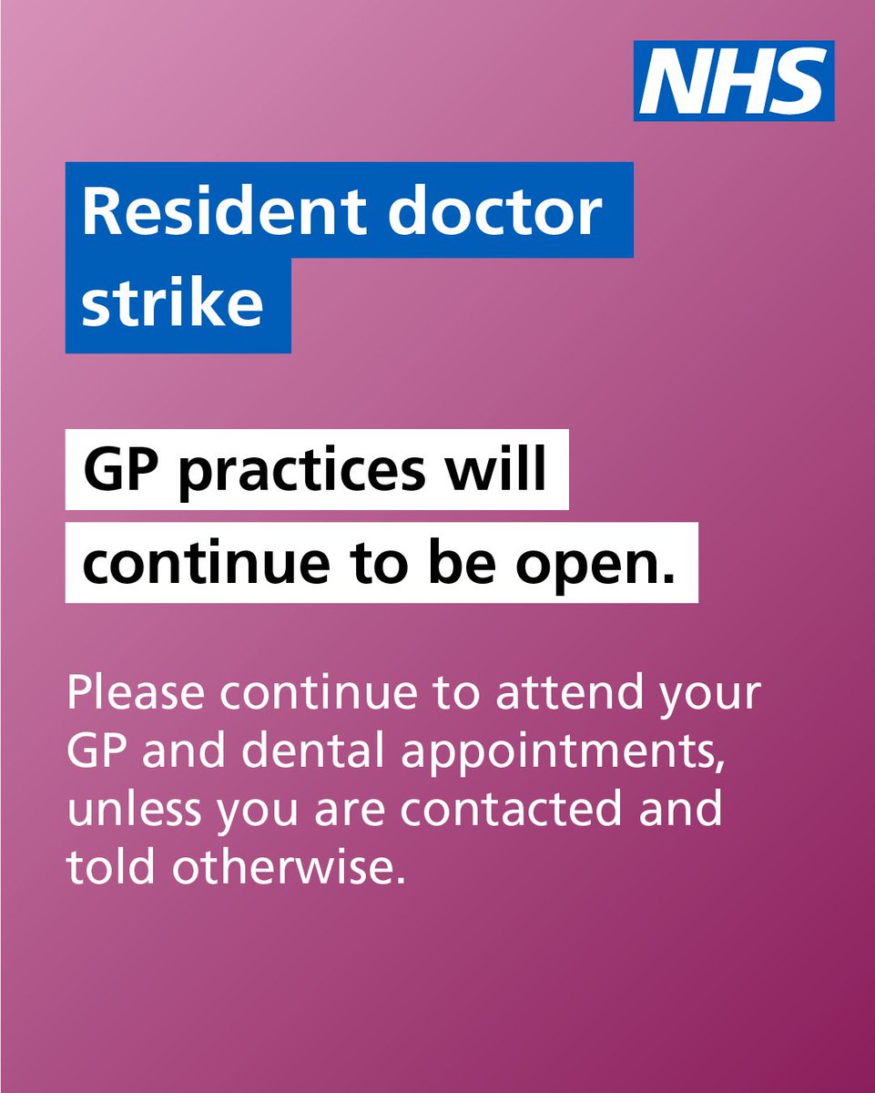 During the resident doctor strike GP practices will continue to be open. Please attend your GP and dental appointments unless you are contacted and told otherwise.

Please use 111.nhs.uk and in life-threatening emergencies call 999. Read more: orlo.uk/AieZM