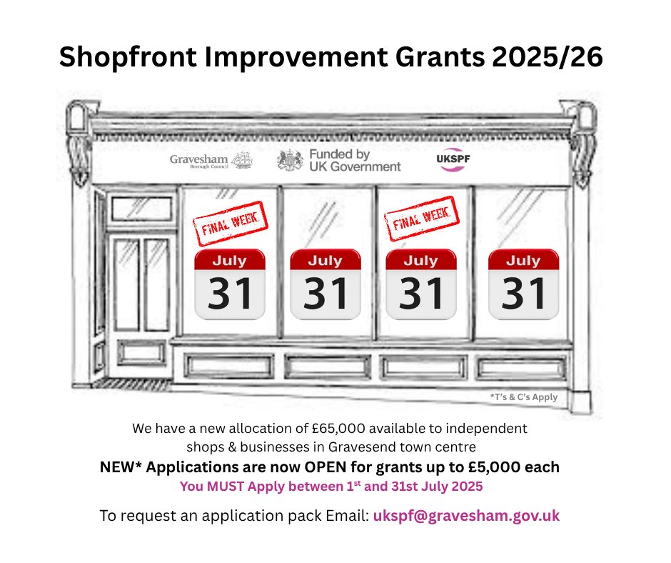 GravesendTCM's tweet image. It's the FINAL CALL for Applications to the 2025/26 Shopfront Improvement Grants - what could your business change with £5,000 FREE MONEY!!
The application process closes 5pm this Thursday - you can complete the forms online: gravesham.gov.uk/regeneration/g…