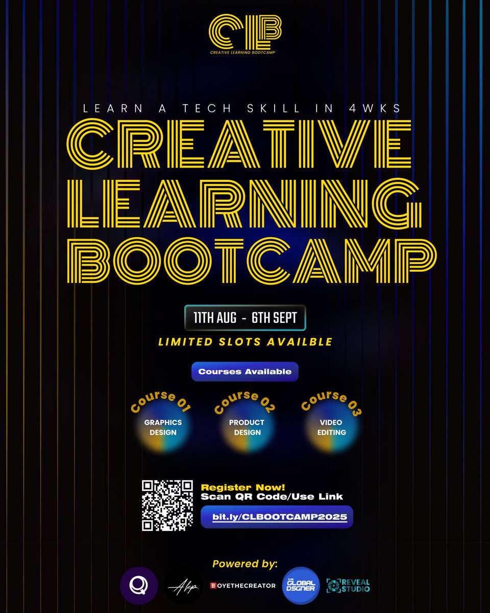 boyethecreator's tweet image. Are you interested in graphics design, video editing, or product design? CREATIVE LEARNING BOOTCAMP is curated specially for you, so you can learn any of these skills. If you're interested, scan the QR code or click the link below👇
bit.ly/CLBOOTCAMP2025