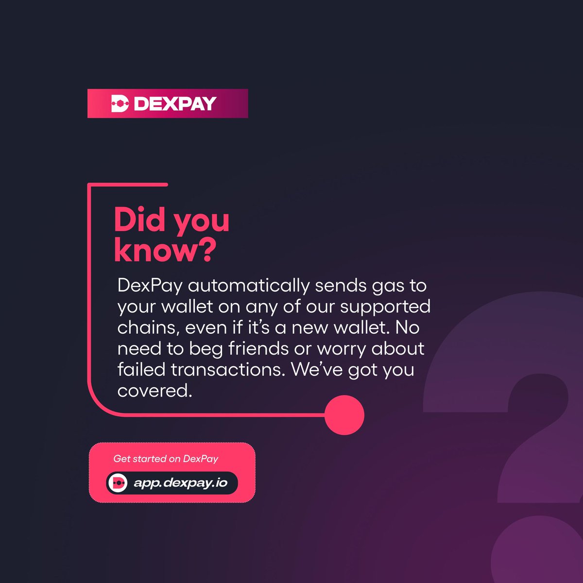 usedexpay's tweet photo. No gas?
No need to beg friends or disturb your WhatsApp crypto group. 🙅🏽‍♂️

DexPay auto-tips your wallet with gas — new or old. On-chain life just got easier.

Gm Dexters 🌞 https://t.co/Uf41yNyaWF