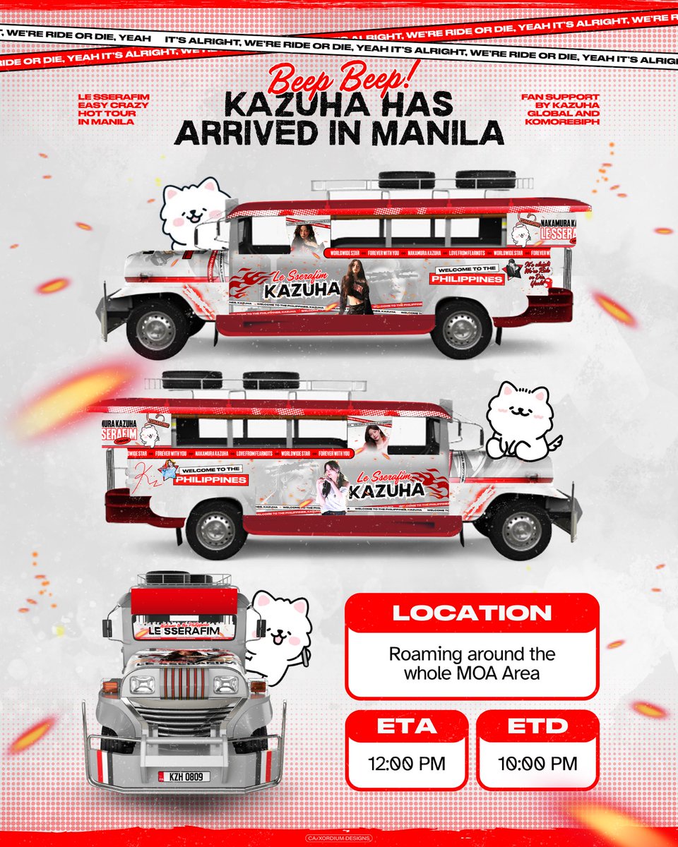 KazuhaGlobal's tweet photo. [🎁] BEEP BEEP! #KAZUHA HAS ARRIVED IN MANILA! 📣

— EASY CRAZY HOT Jeep Ad Fan Support by Kazuha Global &amp; @KomorebiPH 🤍

📍 Roaming around the MOA Area
⏰ 12PM~10PM PHT
You are free to ride the jeep! 🥰

#LE_SSERAFIM #카즈하 #カズハ
#AceKAZUHA_InManila
#EASY_CRAZY_HOT_IN_MANILA https://t.co/mM9XM6do9Z