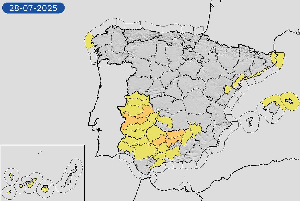AEMET_Esp's tweet image. 28/07 11:00 Avisos activos hoy en España por temperaturas máximas, costeros, lluvias y vientos. Nivel máximo de aviso: naranja.
Actualizaciones en aemet.es/es/eltiempo/pr…