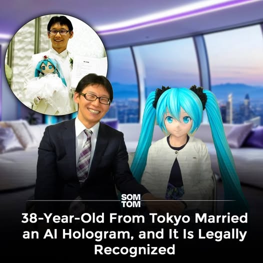 DailyHemo's tweet image. A  Tokyo man has officially married an AI hologram named Hatsune Miku.  With over 4,000 similar “tech marriages” in Japan, experts say this  reflects the growing trend of fictosexuality, real emotional bonds with virtual beings. This is no longer sci-fi.