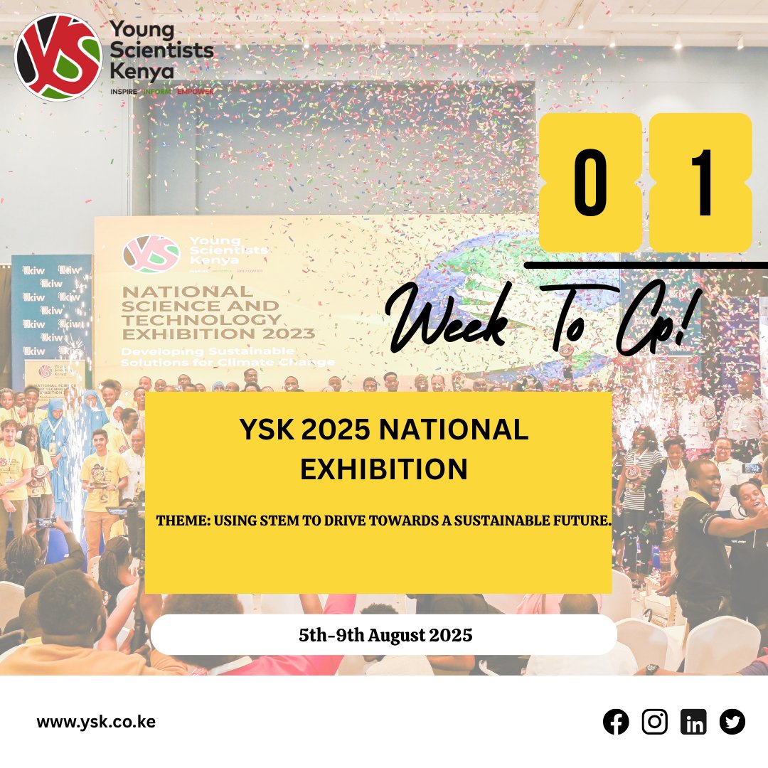 Happy New Week good people, #YSK2025 is almost here! 🚀

Finalists headed to Nairobi, as well as the full Exhibition lineup, will be announced soon.

This year’s theme has sparked incredible ideas.
Be there to see the #future in motion.

#STEM #Innovation #YoungScientistsKenya