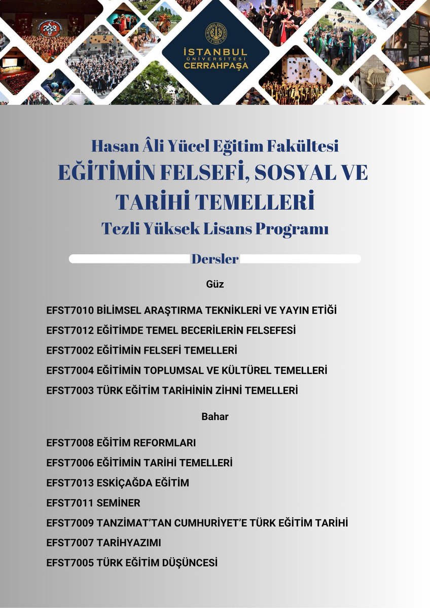 Eyüp Cücük (@eyupcucuk) on Twitter photo HAYEF Eğitimin Felsefi, Sosyal ve Tarihi Temelleri Ana Bilim Dalımızın Yüksek Lisans Programına güz dönemi öğrenci başvuruları başlamıştır.
<a href="/filiz_meseci/">Filiz Meşeci</a>
<a href="/dr_ahmetsimsek/">Ahmet Simsek</a>
<a href="/BetulBatir/">BetülBatır</a>
<a href="/iuchayef/">IUCHAYEF</a> <a href="/iu_cerrahpasa/">İstanbul Üniversitesi-Cerrahpaşa - #eniyiolmakiçin</a>
#egitimtarihi
#Türkegitimtarihi HAYEF Eğitimin Felsefi, Sosyal ve Tarihi Temelleri Ana Bilim Dalımızın Yüksek Lisans Programına güz dönemi öğrenci başvuruları başlamıştır.
<a href="/filiz_meseci/">Filiz Meşeci</a>
<a href="/dr_ahmetsimsek/">Ahmet Simsek</a>
<a href="/BetulBatir/">BetülBatır</a>
<a href="/iuchayef/">IUCHAYEF</a> <a href="/iu_cerrahpasa/">İstanbul Üniversitesi-Cerrahpaşa - #eniyiolmakiçin</a>
#egitimtarihi
#Türkegitimtarihi