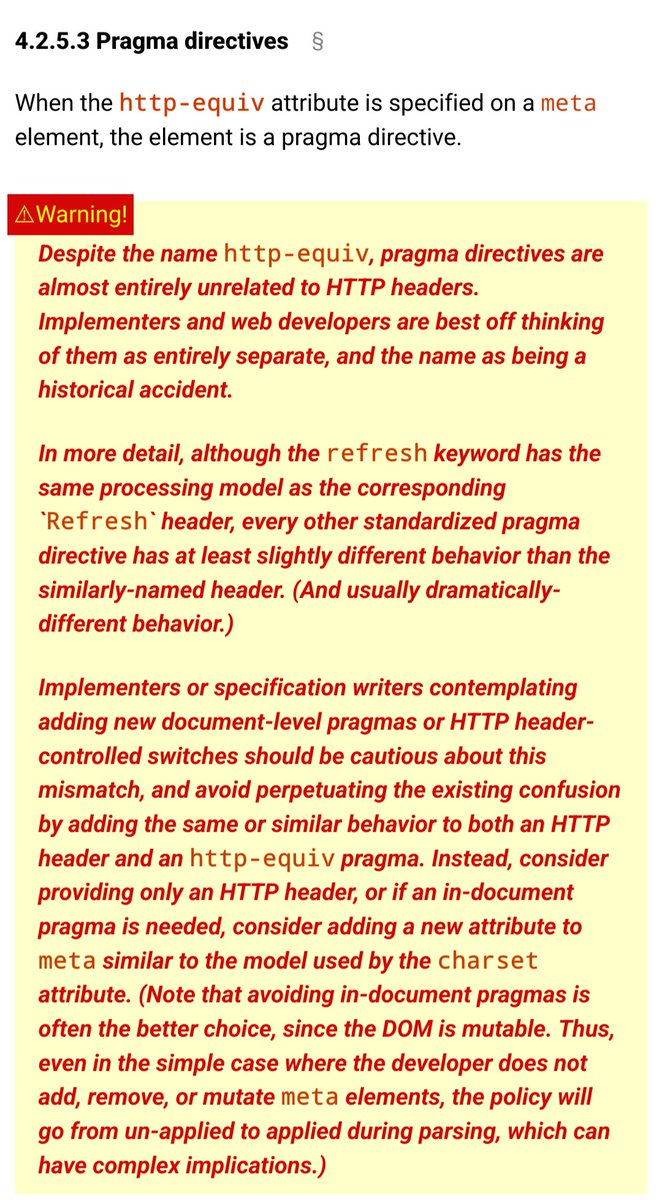 domenic's tweet image. We (finally) added an explanation to the @htmlstandard that &lt;meta&gt;'s http-equiv has nothing to do with HTTP headers, despite the unfortunate name.
html.spec.whatwg.org/multipage/sema…