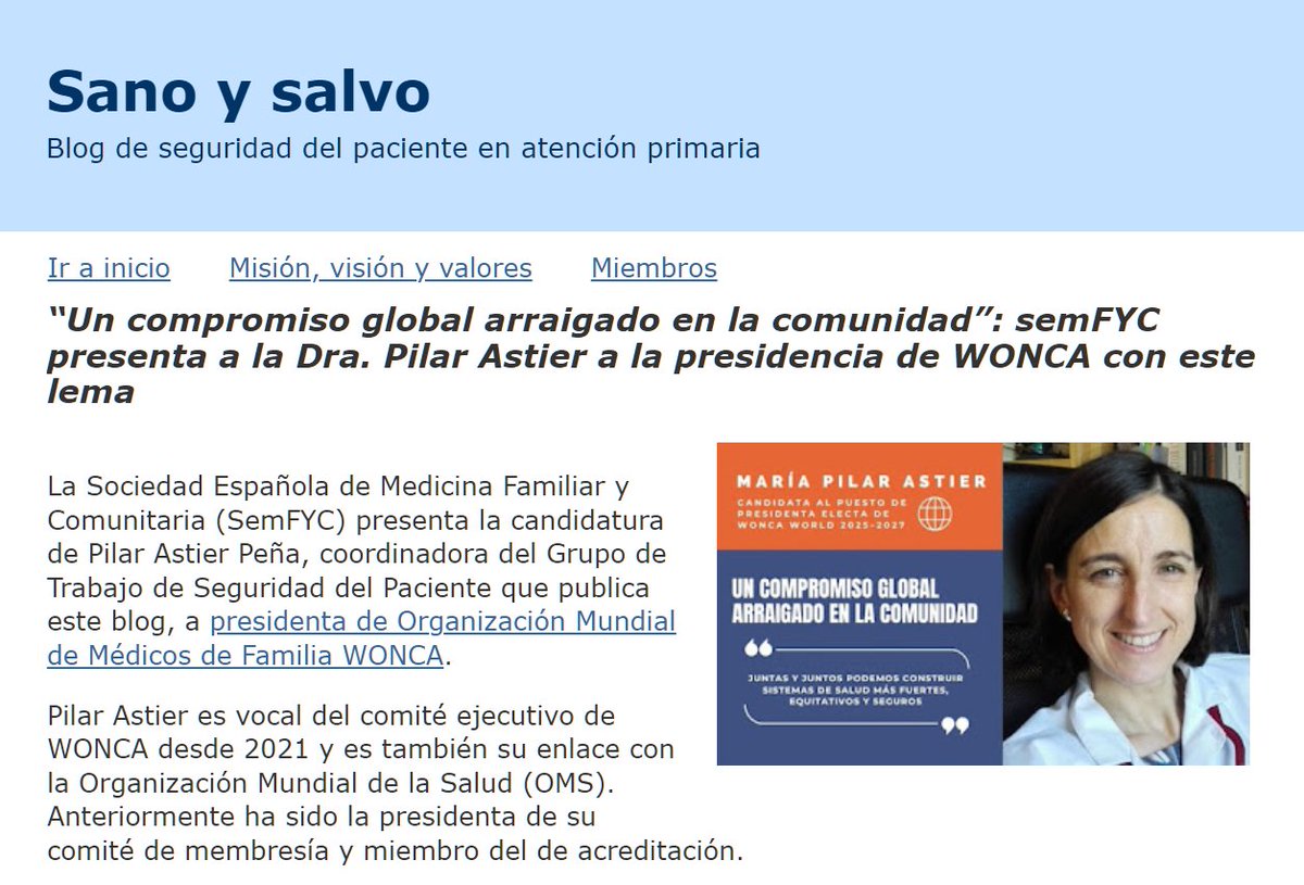 Sano y salvo (@sanoysalvoblog) on Twitter photo “Un compromiso global arraigado en la comunidad”
semFYC presenta a la Dra <a href="/PilarAstier/">PILAR ASTIER-PEÑA</a> a la presidencia de <a href="/WoncaWorld/">WONCA</a> con este lema.
Semblanza de la candidata a presidir la máxima organización mundial de médicos de familia, coordinadora de nuestro grupo
sano-y-salvo.blogspot.com/2025/07/un-com… “Un compromiso global arraigado en la comunidad”
semFYC presenta a la Dra <a href="/PilarAstier/">PILAR ASTIER-PEÑA</a> a la presidencia de <a href="/WoncaWorld/">WONCA</a> con este lema.
Semblanza de la candidata a presidir la máxima organización mundial de médicos de familia, coordinadora de nuestro grupo
sano-y-salvo.blogspot.com/2025/07/un-com…