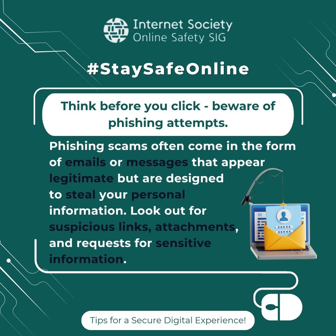 🔐 #StaySafeOnline – Day 1 Tips 🔐
Let’s kick off the week with 3 simple ways to boost your online safety:

Stay alert. Stay safe. Stay smart.

#OnlineSafety #CyberAware #DigitalSecurity #ChildOnlineProtection #ThinkBeforeYouClick  <a href="/internetsociety/">Internet Society</a>