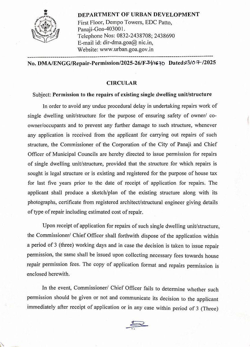 DrPramodPSawant's tweet image. I am pleased to announce the launch of simplified repair permission guidelines for single dwelling units in municipal areas.
𝐊𝐞𝐲 𝐇𝐢𝐠𝐡𝐥𝐢𝐠𝐡𝐭𝐬:
👉🏼 Applicable to houses with house tax paid for over 5 years
👉🏼 Fast-track approval within 3 working days.
👉🏼 Requires…