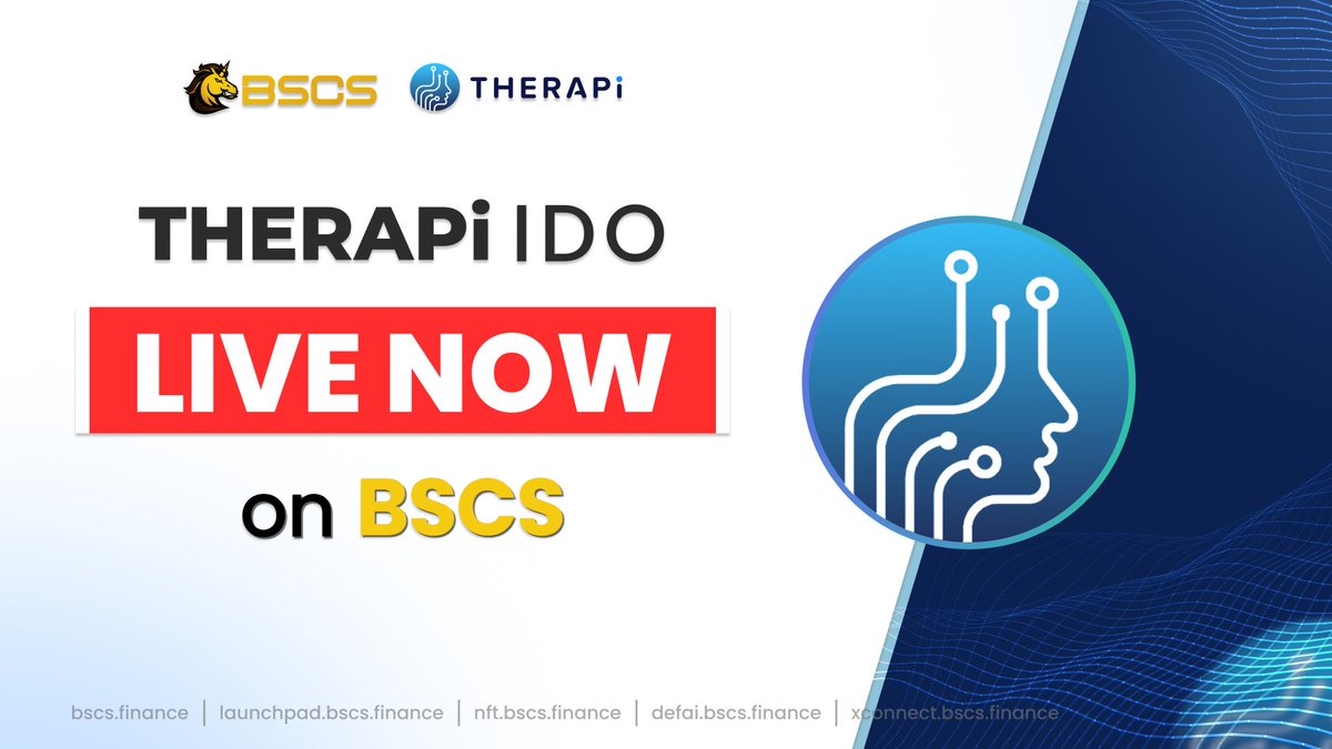 📣 @THERAPi IDO LIVE NOW ON BSCS LAUNCHPAD!

ℹ️ Ticker: $THRAI
💲 IDO Price: $0.018
🔶 Total Raise on <a href="/BSCS_Global/">BSCS Official</a>: $200,000
🛒 Join At: launchpad.bscs.finance/Ido/Details?TH…

🎇 IDO &amp; Listing Schedule
⏰ Purchase Time: 9 AM, July 28 - 9 AM, July 29 (UTC)
➖ First Come First Served format

⏰