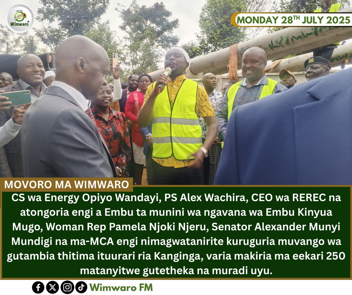 CS wa Energy Opiyo Wandayi, PS Alex Wachira, CEO wa REREC na atongoria engi a Embu ta munini wa ngavana wa Embu Kinyua Mugo, Woman Rep Pamela Njoki Njeru, Senator Alexander Munyi Mundigi na ma-MCA engi nimagwatanirite kuruguria muvango wa gutambia thitima ituurari ria Kanginga.