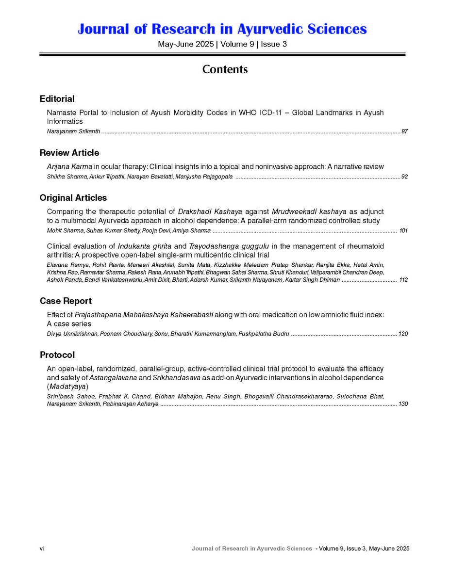 CCRAS_MoAyush's tweet photo. 📢𝗡𝗘𝗪 𝗥𝗘𝗟𝗘𝗔𝗦𝗘!

The newest edition of the Journal of Research in Ayurvedic Sciences (#JRAS), a peer-reviewed, double-blind bimonthly journal by #CCRAS, is now live!

Don't miss the May-June 2025 Issue, Vol 9, No 3, today! 
https://t.co/2zYgZ2sPFK 

@moayush 🧵.....1/2 https://t.co/jrwOudh9R1