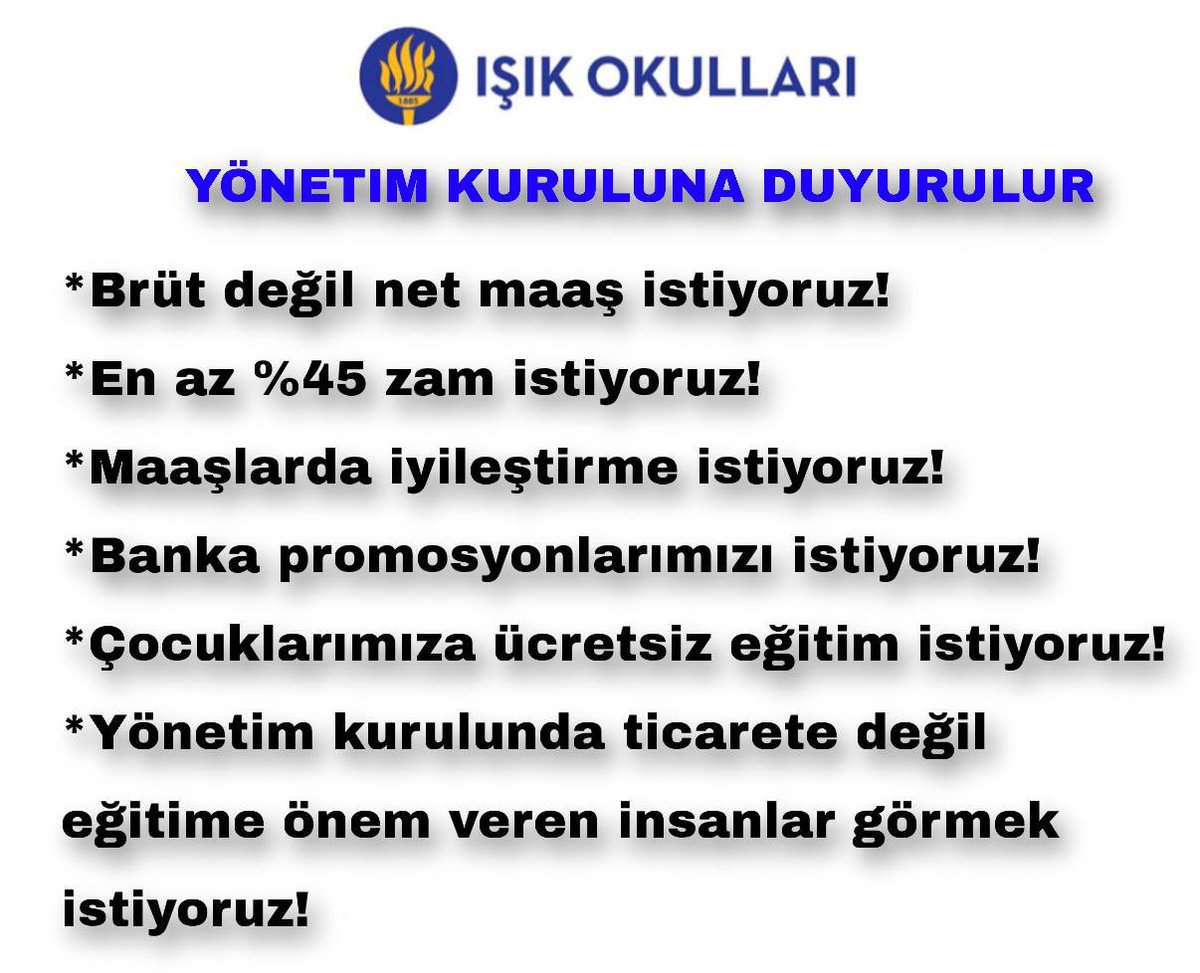 SSavasc06's tweet photo. FMV IŞIK OKULLARI YÖNETİMİNE,
-Işık okullarında çalışan öğretmenlerin ve çalışanların talepleri aşağıda sıralanmıştır.
Bu talepleri ciddiyetle dikkate almanızı öneririz.
#isikokulları
#fmv @fmvisikokullari @fmv1885 https://t.co/G4BRjgCIdR