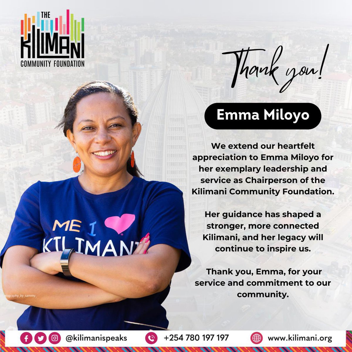 Kilimani Project Foundation (@kilimanispeaks) on Twitter photo Thank you, <a href="/EmmaMiloyo/">Emma Miloyo</a> 💐
We celebrate Emma for her outstanding leadership and dedication as Chairperson of the Kilimani Community Foundation.
Your legacy of connection, growth, and community spirit continues to inspire us all.
#CommunityLeadership #ThankYouEmma Thank you, <a href="/EmmaMiloyo/">Emma Miloyo</a> 💐
We celebrate Emma for her outstanding leadership and dedication as Chairperson of the Kilimani Community Foundation.
Your legacy of connection, growth, and community spirit continues to inspire us all.
#CommunityLeadership #ThankYouEmma