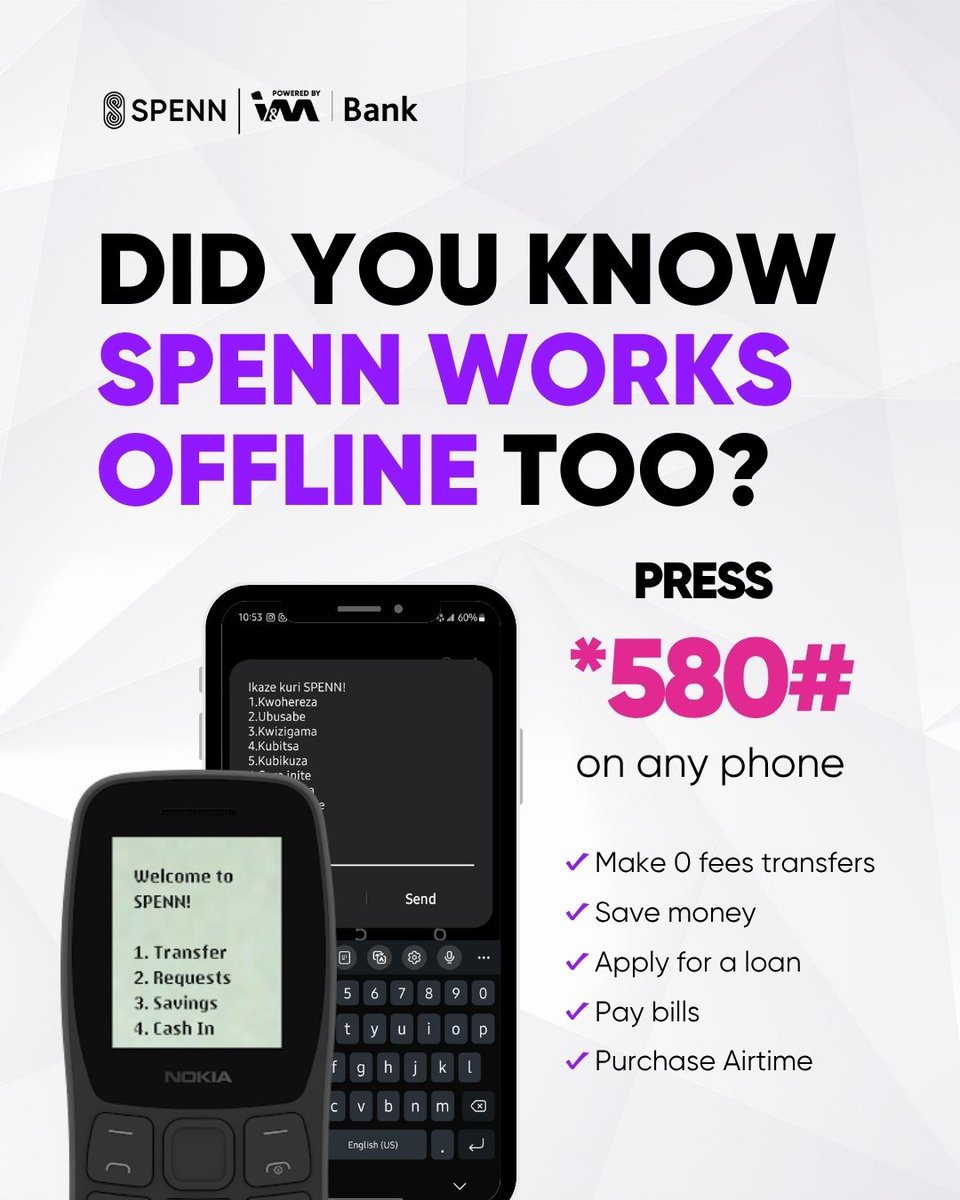 No internet? No problem.
SPENN works offline too. Just dial *580# to:
✅ Transfer with 0 fees
✅ Save &amp; apply for loans
✅ Pay bills &amp; buy airtime
On any phone. Anytime.

#SPENN #Dial580 #SmartBanking #Rwanda