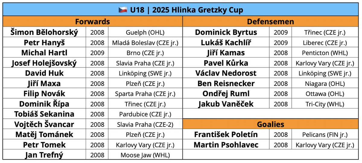 Czechia roster for the 2025 Hlinka Gretzky Cup.