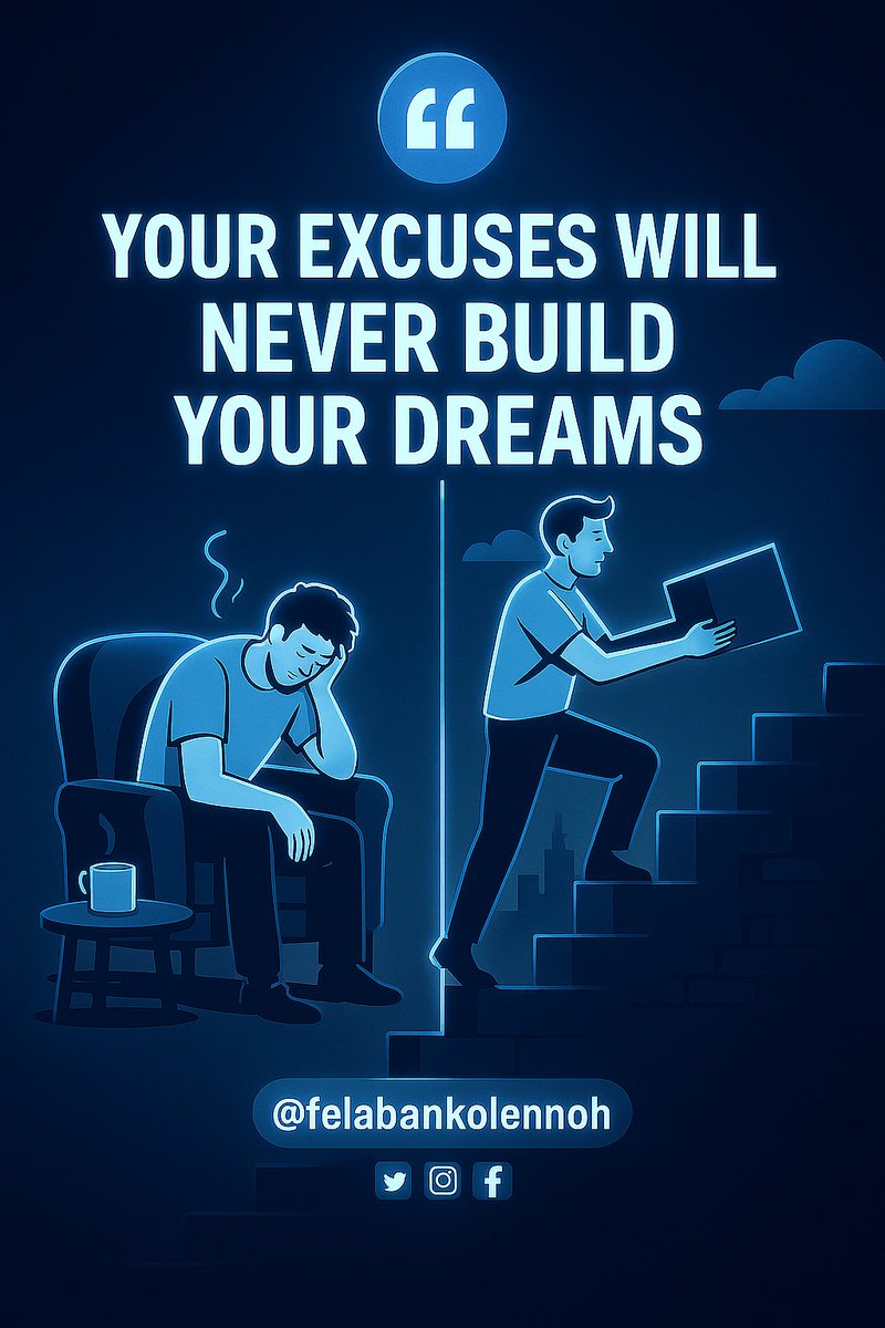 felabankolemoh's tweet image. π« YOUR EXCUSES WILL NEVER BUILD YOUR DREAMS.
Dreams donβt respond to reasons β they respond to action.
You canβt build a future with what-ifs, delays, or fear.
π Excuses sound smartβ¦
π But results speak louder.
So today, choose progress over perfection.
Choose commitmentβ¦