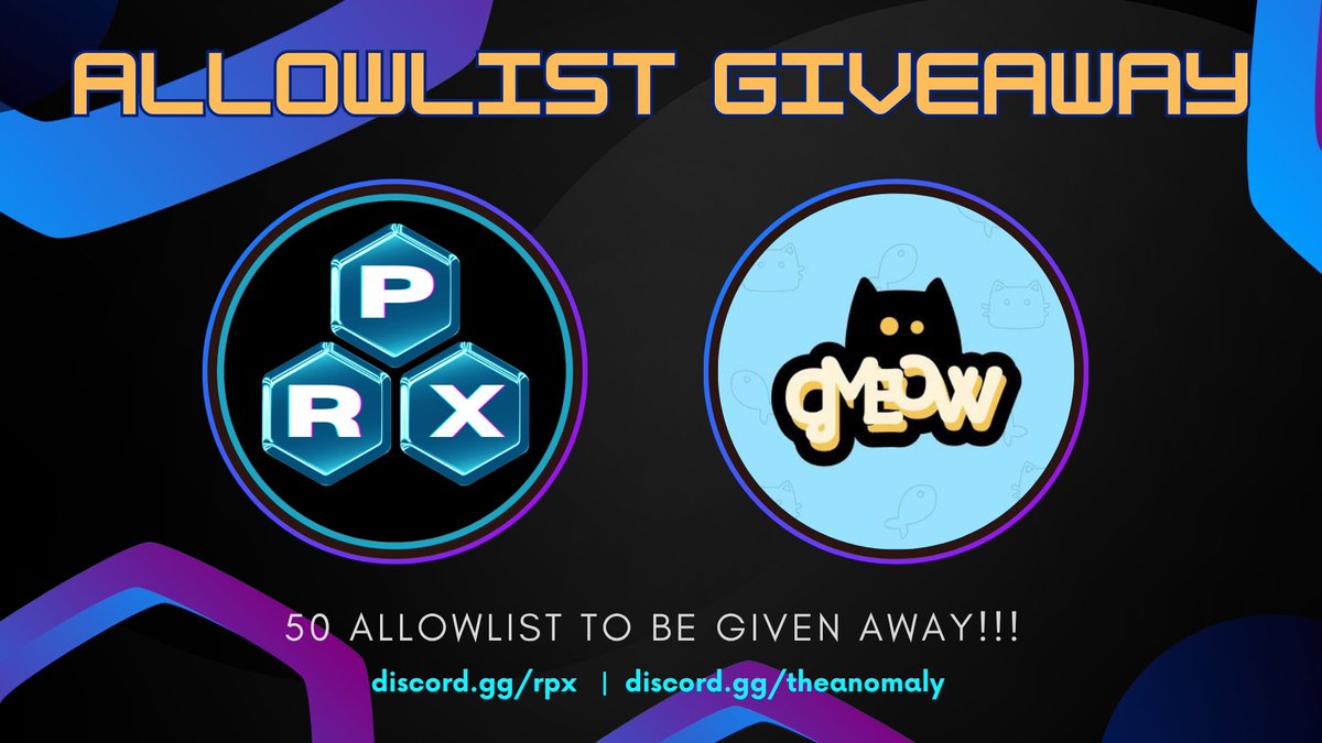 RPX Tribe x Gmeow 

50 GTD ALLOWLIST GIVEAWAY!

Gmeow has just launched their new tap-to-earn cozy cat game and they're giving away spots to win NFTs from their new collection!

to enter:
- join : discord.gg/qbmpsJ3zEe
- go to the announcement channel