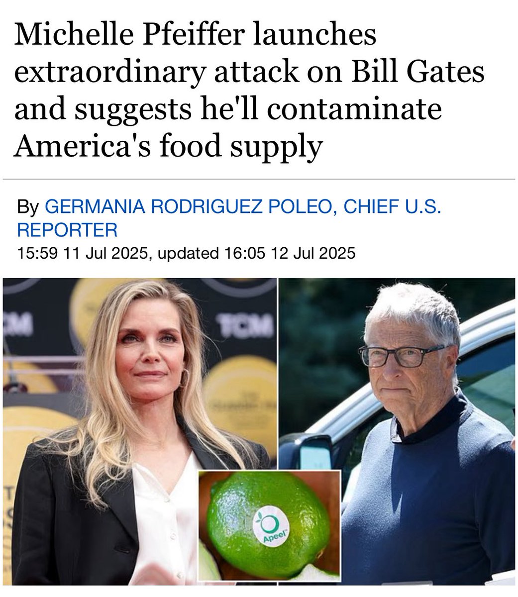 CaelorumAngelus's tweet image. 🇺🇸Hollywood just discovered that their organic food ain’t organic at all but GMO👇🏻
Michelle Pfeiffer launches extraordinary attack on Bill Gates and suggests he'll contaminate America's food supply
Source: dailymail.co.uk/news/article-1…