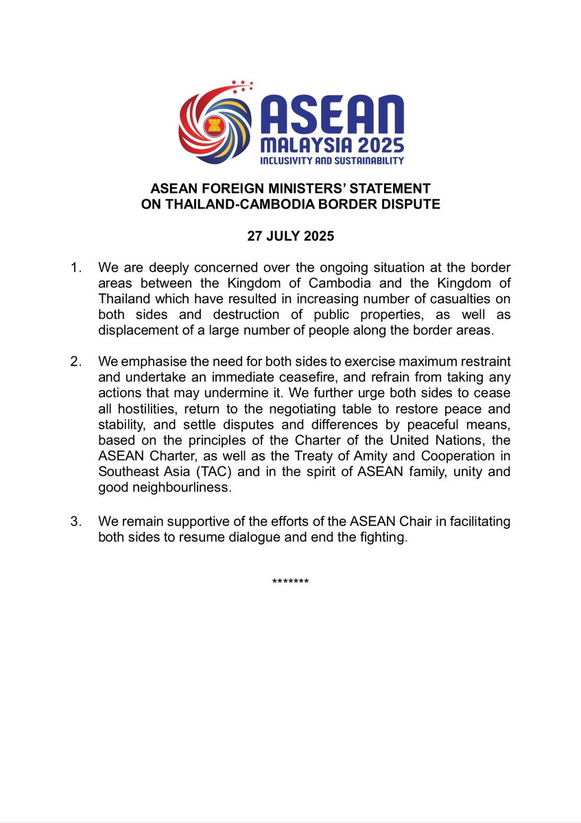 ASEAN FOREIGN MINISTERS’ STATEMENT ON THAILAND-CAMBODIA BORDER DISPUTE - 27 JULY 2025