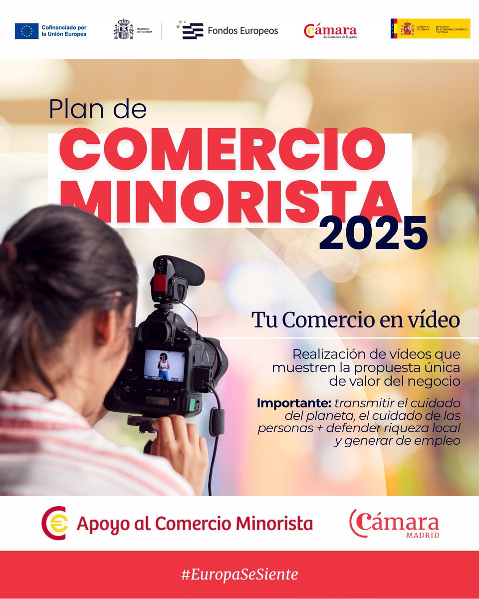 #ComercioMinorista2025 🚀 𝙏𝙪 𝘾𝙤𝙢𝙚𝙧𝙘𝙞𝙤 𝙚𝙣 𝙫𝙞𝙙𝙚𝙤

Crear quince vídeos a los comercios participantes en la acción, que muestren la propuesta única de valor (PUV) de la marca: n9.cl/gtrjq

#camaramadrid #europasesiente