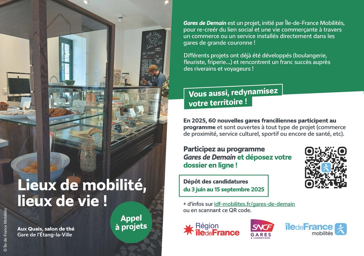 IDFmobilites's tweet image. 🚉 #AppelàProjets : 20 nouvelles #gares franciliennes n’attendent que vous pour installer votre #commerce ou service !
Boulangerie, salon de thé, fleuriste… Vous avez un #projet ? Installez-le dans une gare de grande couronne ! Candidatez avant le 15 septembre sur…