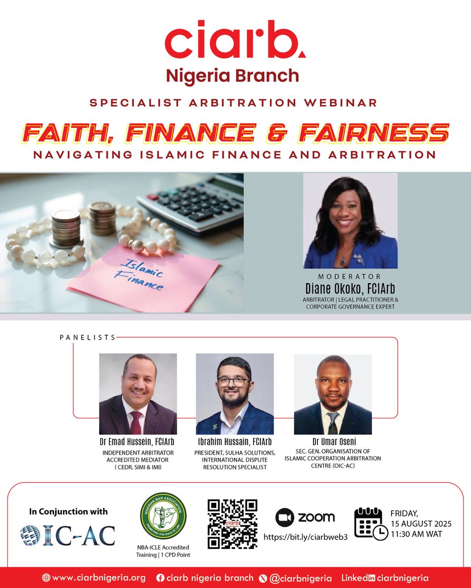 Ciarb Nigeria Specialist Arbitration Webinar Series
(Webinar 4) 

📅 Date: Friday, 15 August 2025
🕚 Time: 11:00 AM (WAT)
💻 Zoom link:  us02web.zoom.us/meeting/regist… (Limited seats) | 📺 YouTube Live @ciarbnigeriabranch

Register early | Join the conversation | Learn something new