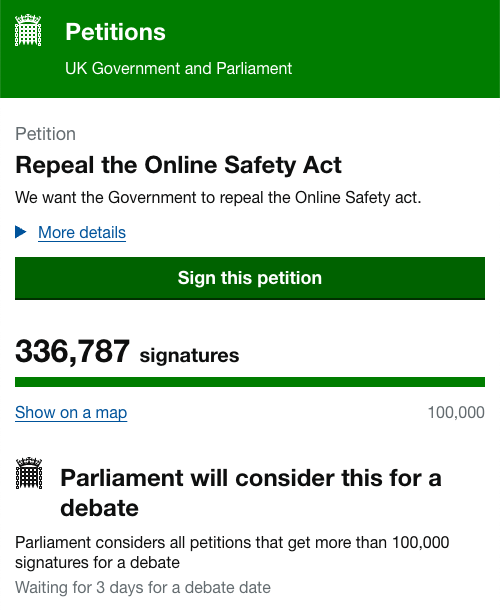 If you're in the UK, sign the petition to repeal Online Safety Act.

While it had noble intentions to protect people, it results in Orwellian thought policing, and will inevitably expose people to cybercriminals. 👇