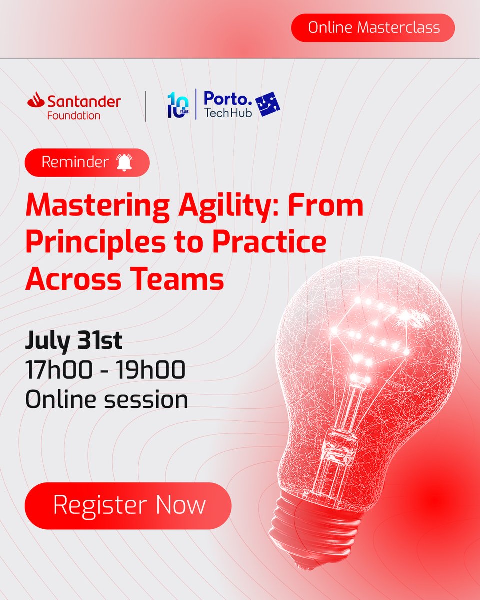 PortoTechHub's tweet image. π¨ This is your reminder to sign up for our Agility Masterclass!
π
July 31st | 17:00β19:00
π» Online & Free
π With Eduardo Ribeiro, Agile Coach @ Critical Software.
Last day to sign up π tinyurl.com/3m2rh2br
Brought to you by Porto Tech Hub x FundaΓ§Γ£o Santander.
