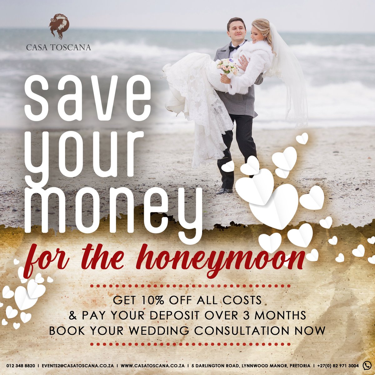 Weddings can be costly, so Casa Toscana offers you 10% off + pay your deposit in 3 instalments! 💍 Book now &amp; save for your dream honeymoon. Email events2@casatoscana.co.za or 📷 bit.ly/40FDtOx #CasaToscanaWeddings #WeddingPromo #BrideToBe