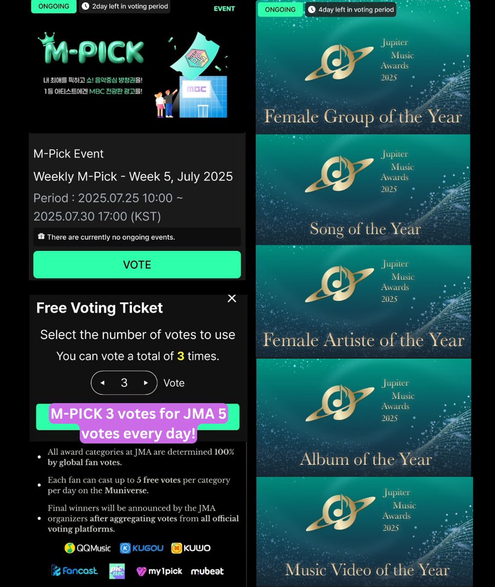 bluufuyu's tweet image. Hi MYs, [Jupiter Music Awards] - VOTE!
⏰ Preliminary round ends: August 1, 13:00 KST

Website: Muniverse 
Categories:
☆ Female Artiste of the Year - WINTER
♡ Music Video of the Year - KARINA
ꕤ Female Group of the Year - aespa
ꕤ Song of the Year - aespa
ꕤ Album of the Year -…