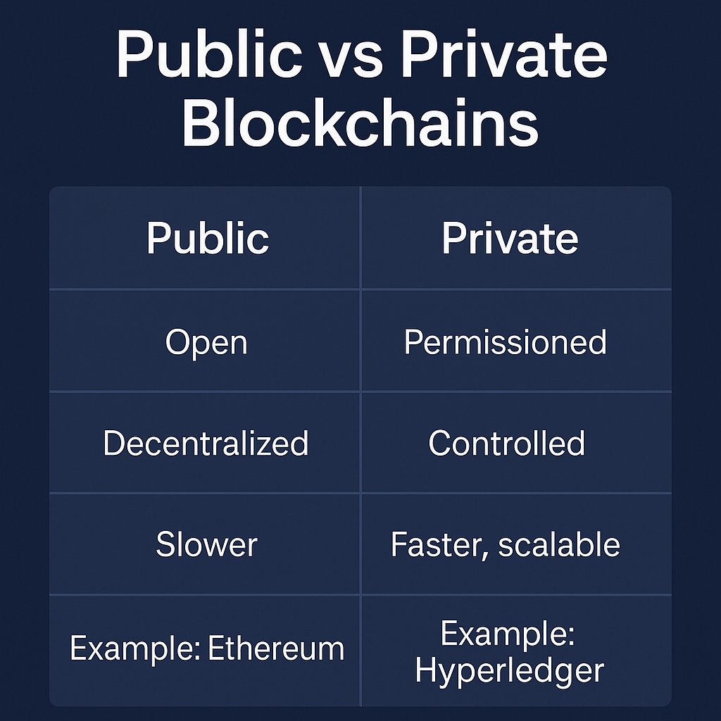 CrewsphereCTU's tweet image. Public vs Private Blockchains ๐งต
๐ข Public = Open to all (Ethereum, Bitcoin)
๐ Private = Permissioned & controlled (Hyperledger)
Public = decentralized & trustless
Private = fast, scalable, but centralized
#Blockchain #Web3 #Crypto #LearnWeb3 @icphub_IN #xpedition