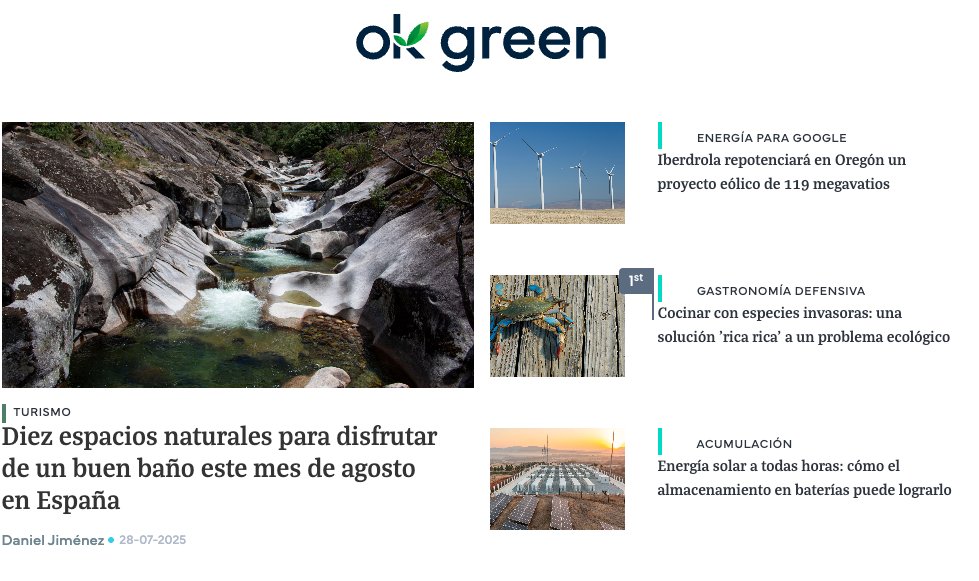 Os dejo la portada de hoy de #OKGREEN.

Espacios naturales para bañarse en España, eólica en Oregón, gastronomía con especies invasoras y energía solar a todas horas.

Todo lo puedes leer en este enlace:

okdiario.com/okgreen/
