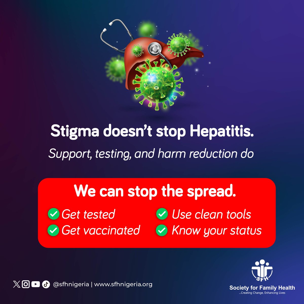 SFHNigeria's tweet image. Think you know hepatitis? 
Think again. Hepatitis B &amp;amp; C affect millions, and many don’t even know it. 
Know your status. 
#GetTested