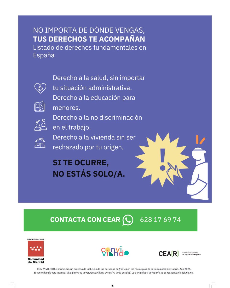 🚨 #AlzaLaVoz contra la discriminación.
Si alguna vez te han tratado diferente por tu origen, color de piel o identidad, tienes derecho a defenderte.
📲 Escríbenos por WhatsApp al 628 176 974 si necesitas apoyo o tienes dudas.
#ContraLaDiscriminación #TusDerechosVanContigo