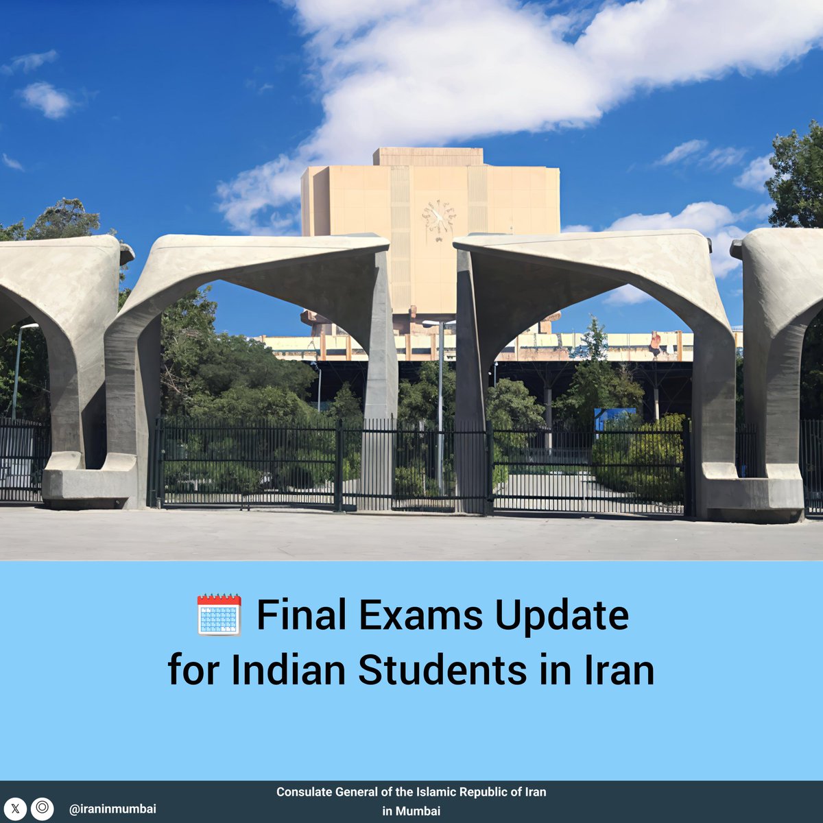 IRANinMumbai's tweet photo. ๐ฃ Indian students in Iran: Final exams will begin from Aug 25, 2025 for 2 weeks as per the updated academic calendar.
๐ฅ Ministry of Health confirms.
๐Univ. of Isfahan to hold in-person exams.
โณ Special cases must announce 2 weeks prior.
#StudyInIran #FinalExams https://t.co/QGSZxkGVBt