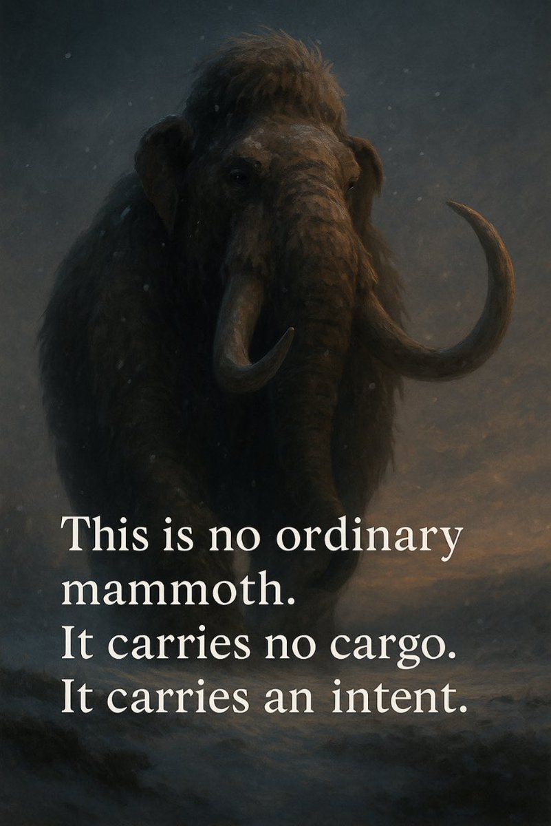 CFC_JohnDoe's tweet image. The Mammoth’s Intent
(a transmission from the edge of old time)

I saw a mammoth, carved in dusk,
its breath a fog of cryptic musk.
It walked not forward, but within….
across the faultlines of a hidden spin.

No ledger claimed it. No chain could hold.
Its tusks were glyphs…