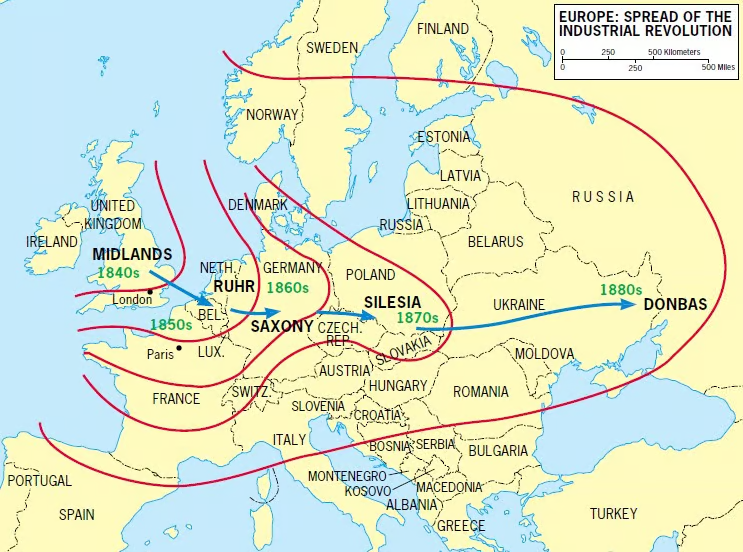 🏭 The spread of the Industrial Revolution in Europe.