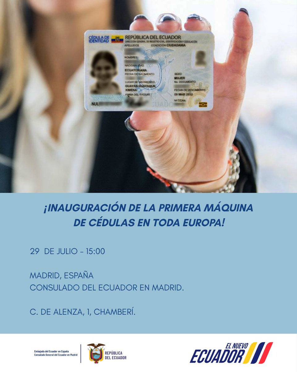🎉 Los invitamos cordialmente a la inauguración de la primera máquina de cédulas en Europa, un avance importante que facilitará y agilizará la entrega de este documento tan esencial para nuestros compatriotas residentes en el continente. 🌍📄

👉 forms.gle/rSuHgwmVYegwvU…