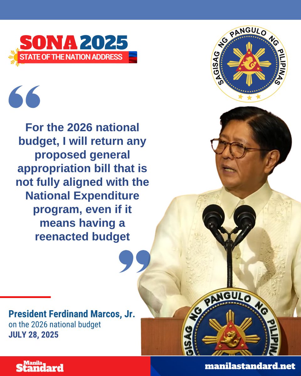 mnlstandardph's tweet image. #MSNews | President Marcos said that he will return any proposed 2026 national budget that does not fully align with the administration&apos;s National Expenditure Program. | via Charles Dantes

#SONA2025