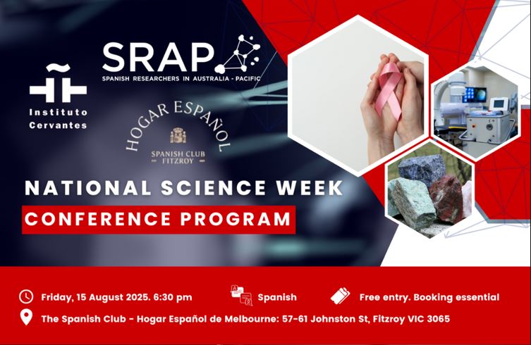 🇦🇺🔬 Science Week Australia 2025 – In collaboration with <a href="/srap_ieap/">SRAP-IEAP</a> 

Discover strategic minerals, 3D printing and cancer therapies

📍 The Spanish Club, Melbourne
📅 Fri 15 Aug 
🕡 6:30 pm
🗣️ In Spanish 
🎟️ Free (booking required): bit.ly/NationalScienc…

Don’t miss it!