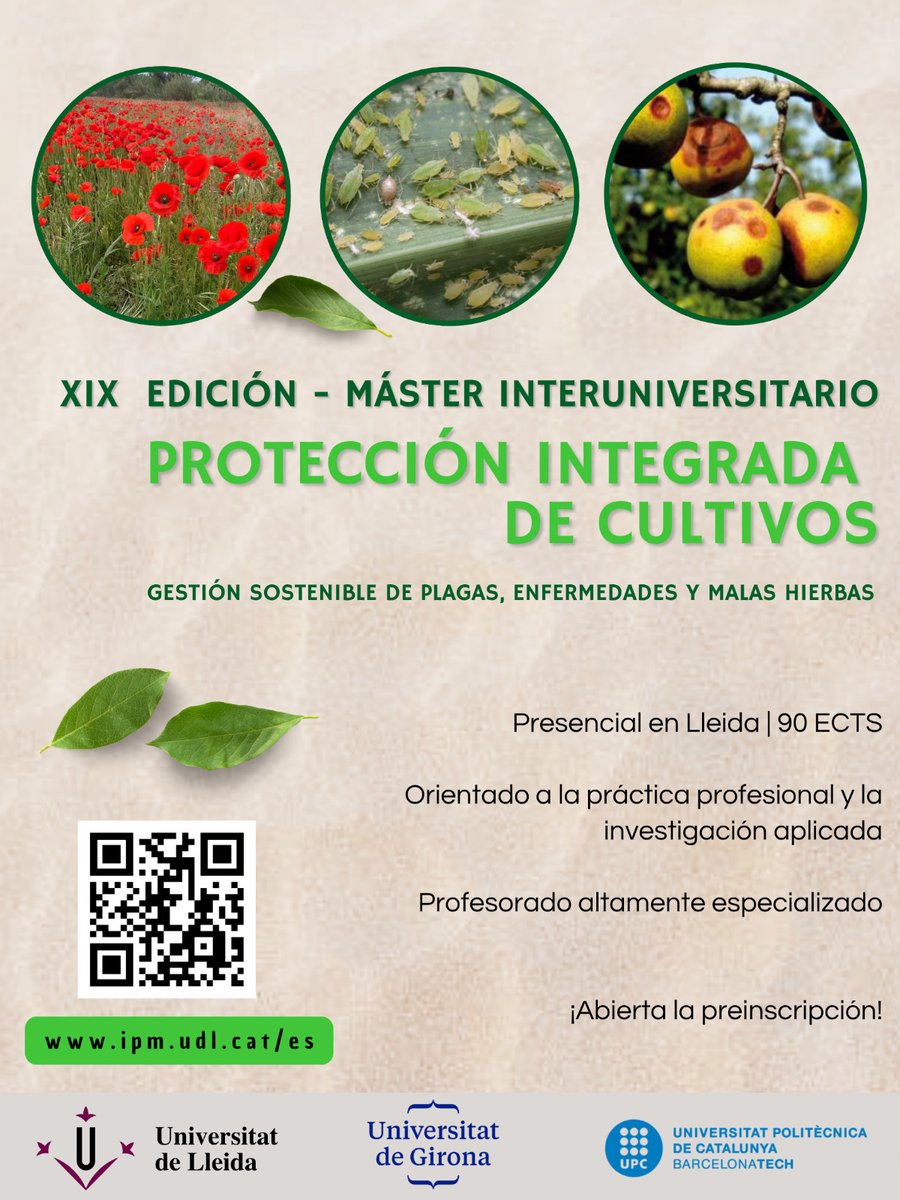 🌿 ¡Ya está abierta la preinscripción para el Máster en Protección Integrada de Cultivos en la
<a href="/ETSEAFIV_UdL/">ETSEAFIV_UdL</a>
! 📷 Fórmate en sanidad vegetal, control sostenible y asesoramiento técnico. 📷ipm.udl.cat/es/ #MásterUdL #SanidadVegetal
<a href="/semh2022/">SEMh Sociedad Española de Malherbología</a>
<a href="/AeEntomologia/">Asociación Española de Entomología</a>