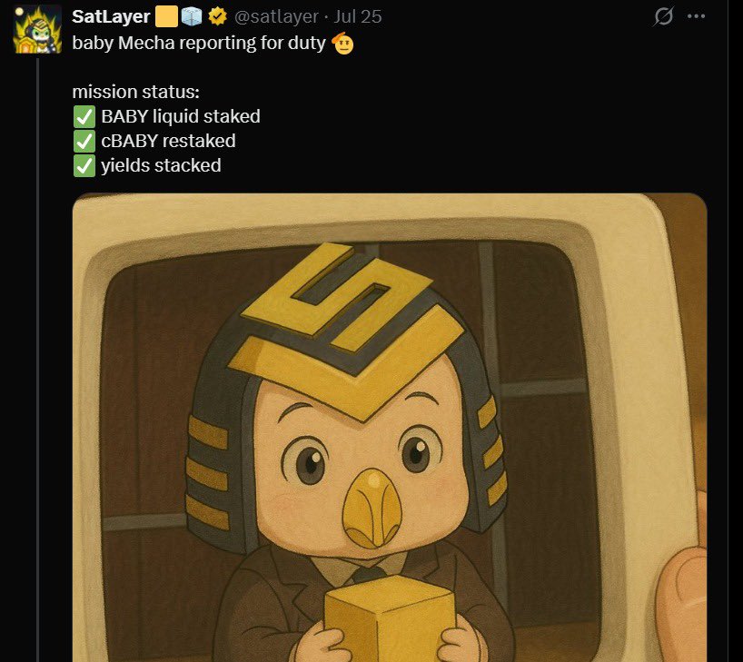0xnald's tweet image. Exploring DeFi Strategies with cBABY on SatLayer
gSat Satfam 🟨
A few days ago, @Satlayer announced that Baby Mecha is officially on duty, reporting 3 mission statuses:
➤ BABY liquid staked
➤ cBABY restaked
➤ Yields stacked
Let me break that down for the fam who might’ve…