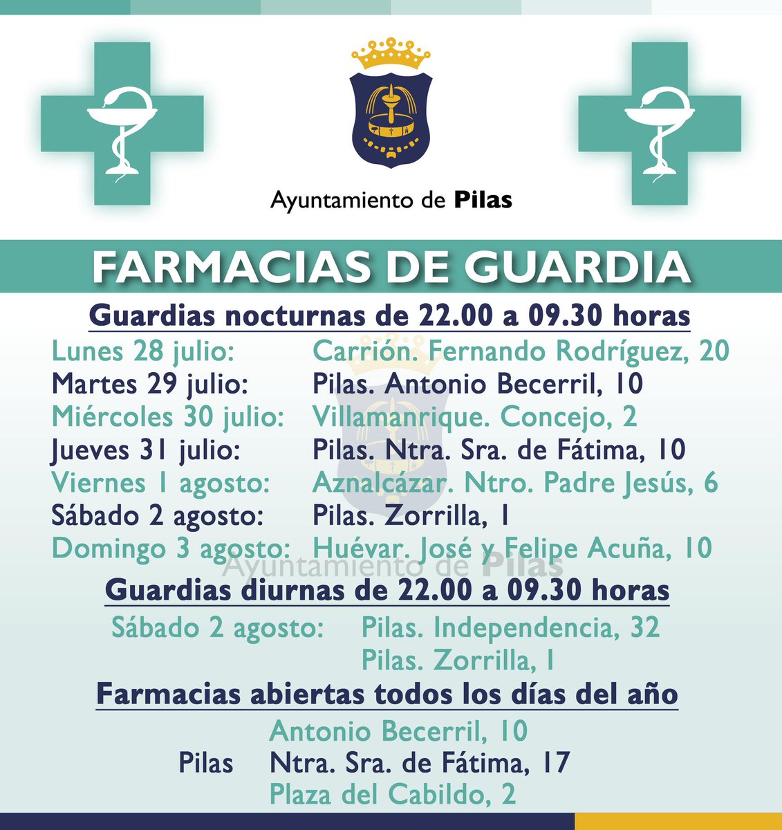 #InformacióndeInterés #Pilas |🐍Abrimos el último lunes del mes de julio con el listado de farmacias de guardia de la semana.
🔗Recordamos que puede consultarse el cuadrante completo a través del 𝐛𝐚𝐧𝐧𝐞𝐫 𝐅𝐚𝐫𝐦𝐚𝐜𝐢𝐚𝐬 𝐝𝐞 𝐆𝐮𝐚𝐫𝐝𝐢𝐚 de pilas.es