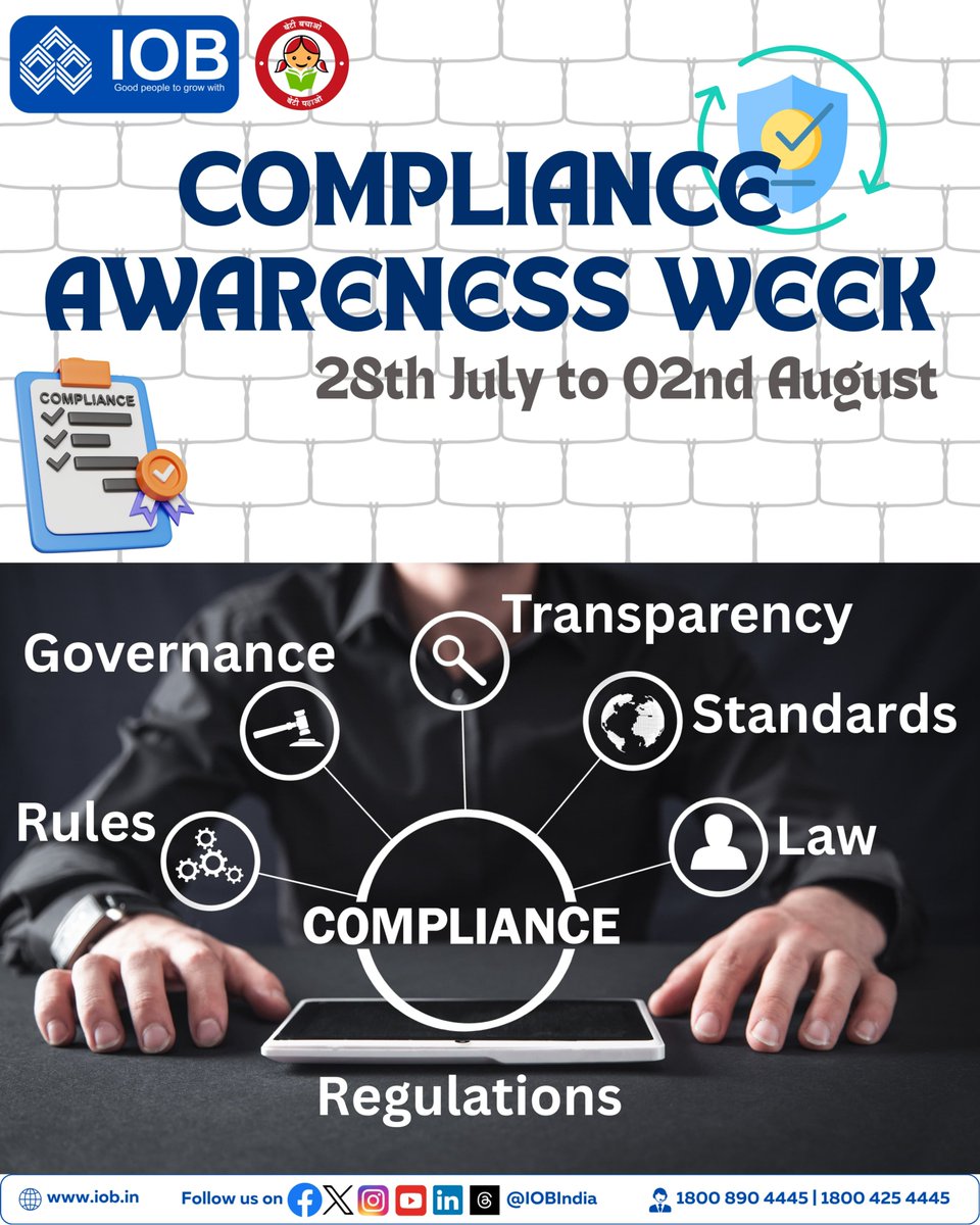 Indian Overseas Bank is committed to maintaining the highest standards of integrity and transparency.

As we celebrate "COMPLIANCE WEEK" , we reaffirm our dedication to ethical banking and regulatory adherence. Trust and compliance are the foundation of our service, shaping a