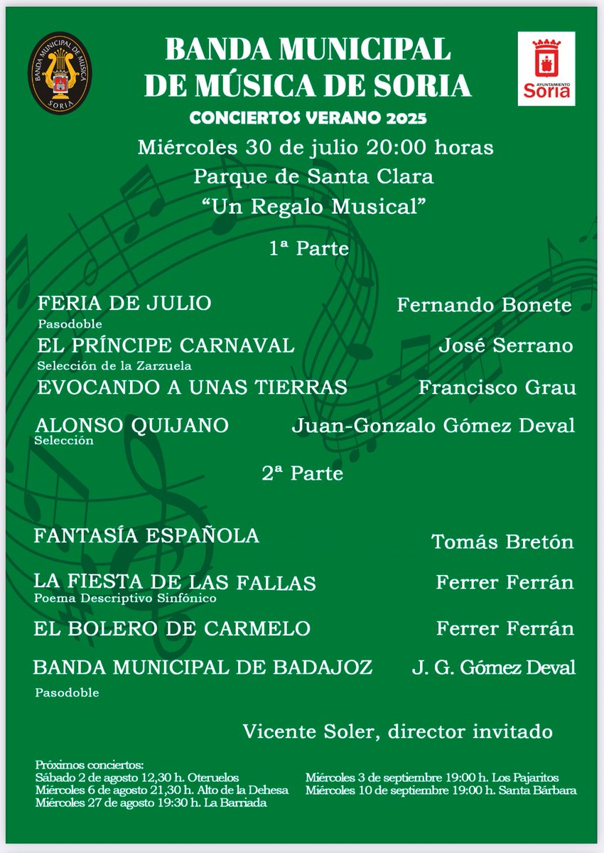 Este miércoles 30 de julio a las 20:00 horas volvemos al Parque de Santa Clara para ofrecer “Un regalo musical”, #concierto a cargo del director Vicente Soler, titular de la Banda Municipal de #Música de #Badajoz, que tomará la batuta para dirigir a la Municipal de #Soria.