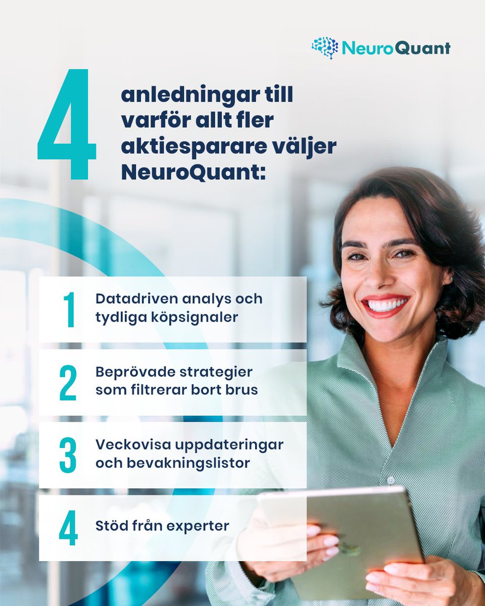 NeuroQuantNQ's tweet image. 🔍 Vill du fatta bättre beslut på börsen – med mindre stress och mer struktur?
Här är 4 anledningar till varför allt fler aktiesparare väljer #NeuroQuant:
 1️⃣ Datadriven analys och tydliga köpsignaler
 2️⃣ Beprövade strategier som filtrerar bort brus
 3️⃣ Veckovisa uppdateringar…