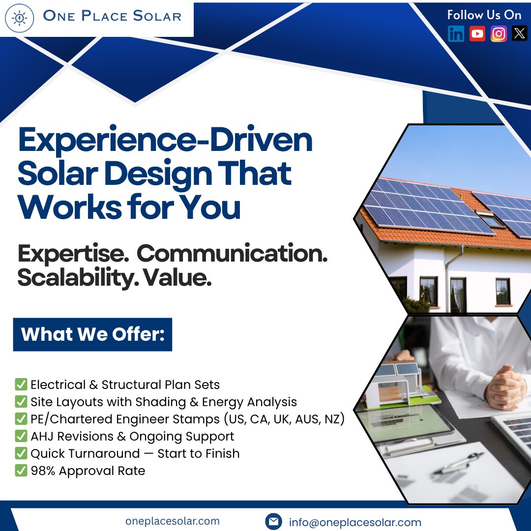 OnePlaceSolar's tweet image. Need solar design you can count on?
We deliver speed, accuracy &amp;amp; compliance.
✅ Electrical + structural plans
✅ PE stamps (US, CA, UK, AUS, NZ)
✅ 98% approval rate
✅ AHJ revisions &amp;amp; full support
Built for results. Backed by experience.
#SolarDesign #PEStamp #CleanEnergy #Solar