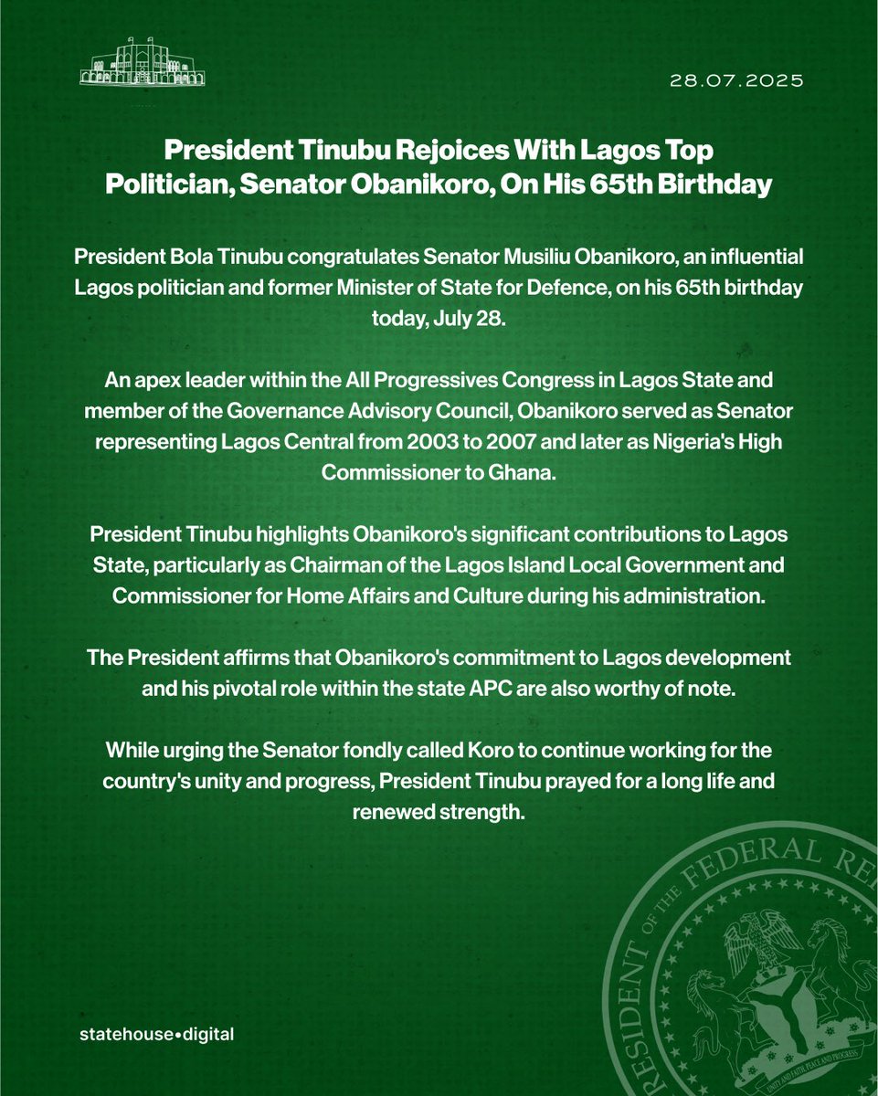 NGRPresident's tweet image. President Tinubu Rejoices With Lagos Top Politician, Senator Obanikoro, On His 65th Birthday