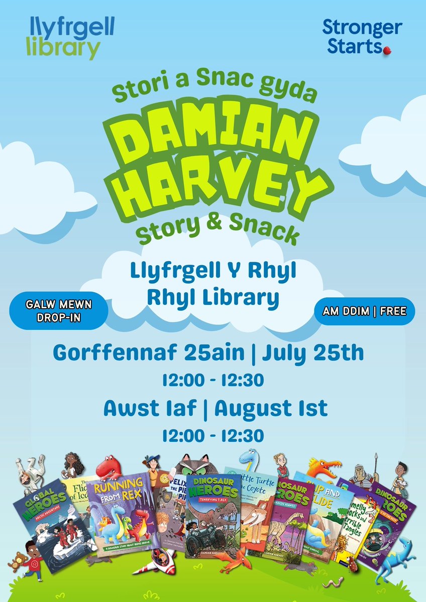 Rydym wrth ein bodd yn croesawu Damian Harvey – meistr straeon doniol, rhigymau bywiog, ac anturiaethau chwerthin-uchel i Lyfrgelloedd Prestatyn, Y Rhyl a Rhuddlan yr haf hwn! 
Dydd Gwener 25 Gorffennaf a Dydd Gwener 1 Awst
#SialensDdarllenYrHaf